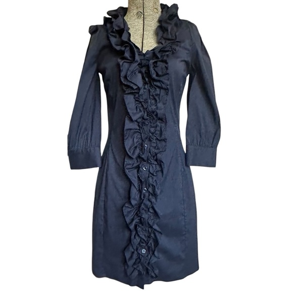 FLAVIO CASTELLANI RUFFLED NAVY COTTON BLEND FITTED BUTTON UP DRESS SIZE 2 - Picture 1 of 16